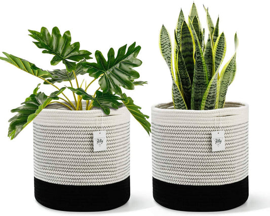 Black and White Mix Cotton Rope Plant Basket - 11"